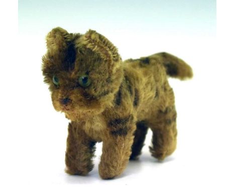 Small vintage soft toy tabby cat, in the manner of Steiff, 14.5cm nose to tail x 8.5cm high