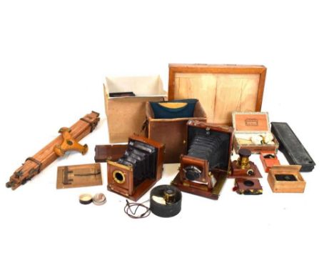 Late 19th Century J. Lancaster &amp; Son, Birmingham mahogany and brass camera with plates and accessories to include Thornto