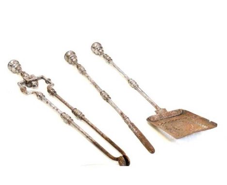 Group of three 19th Century steel fire tools, comprising shovel, tongs and poker, 76cm and smaller
