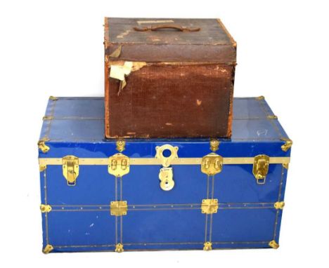 Early 20th Century luggage box with GWR labels, together with a blue luggage trunk