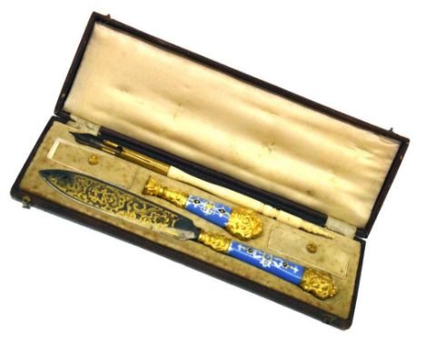 Gilt metal and enamel cased letter opener and bone-barrel pen set, the nib stamped 'Perry &amp; Co. London No. 499 Pen Holder