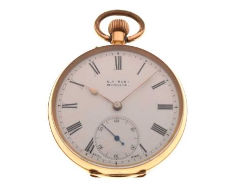 Gentleman's 18k cased open faced pocket watch, the white enamel Roman dial having subsidiary at 'VI', unsigned movement, reta