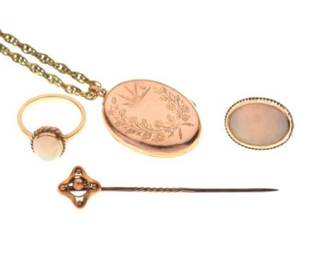 Small quantity of jewellery comprising a 9ct gold opal brooch, and a similar ring stamped '9ct', size I½, together with a sti