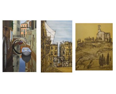 Richard Beer, (1928-2017) - Two prints; Venice and Volterra, and a Graham Bannister print of Venice, 76cm x 50cm (3)