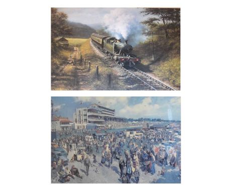 After Terence Cuneo, limited edition print, 'Derby Day', 39cm x 68cm; and a Don Breacon railway print, 51cm x 74cm, both in g