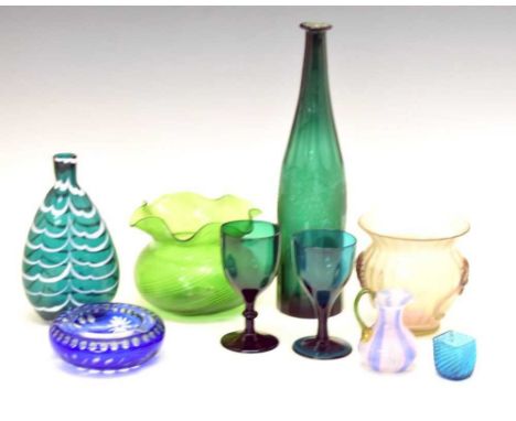 Quantity of coloured glass, to include 'Nailsea' style flask, Bohemian glass, etc 32cm high and smaller