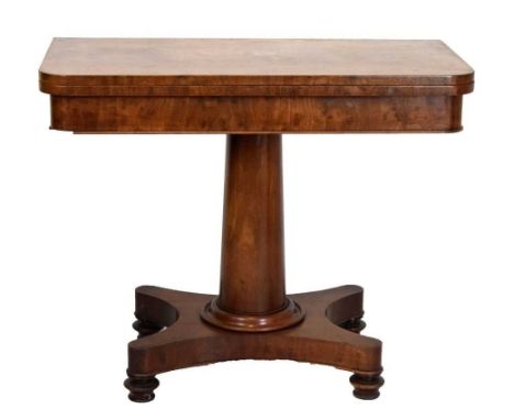 19th Century mahogany card table on pedestal base with four turned feet, 91.5 x 45 x 74cm