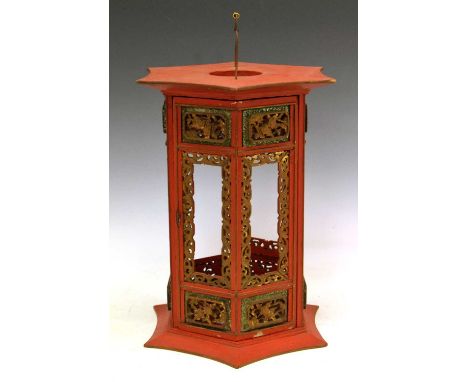 Chinese hexagonal painted wooden lantern, with carved and pierced gilt decoration, 48cm high