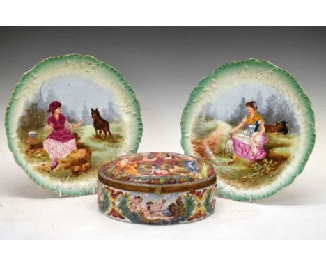 Capodimonte oval box modelled con basso-relievo with classical subjects and with gilt metal mounts, printed marks, 24cm wide 