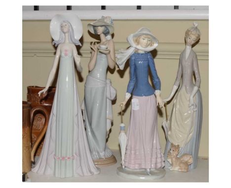 Lladro - Three porcelain female figures, together with a Nao figure, tallest 34cm high (4)