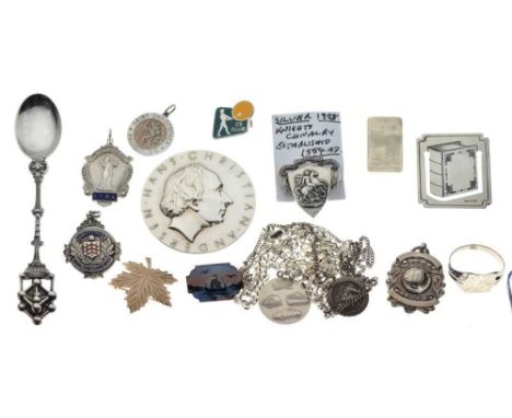 Small quantity of silver jewellery and other items including medallions, enamel brooch stamped '925 S Sterling', souvenir spo