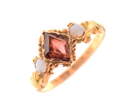 Victorian 15ct gold ring set marquise cut garnet and two opal cabochons, size L½, 1.6g gross approxThe stones show some signs