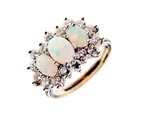 18ct white gold, opal and diamond cluster ring, size K½, 5.9g gross approx