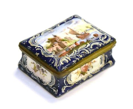 Early 19th Century Continental enamel box, the domed hinged cover painted with castle beside a river with sailing boat, 7.5cm