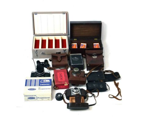 Quantity cameras and equipment to include; Praktica Super TL with a Carl Zeiss Jena Tessar 2.8/50 lens, Paxina camera, etc. 