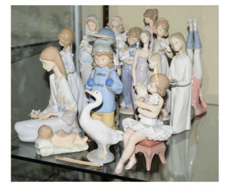 Lladro - Fifteen assorted porcelain figures to include; ballerina, baseball player, goose, etc, the tallest 23cm, (some a/f)T