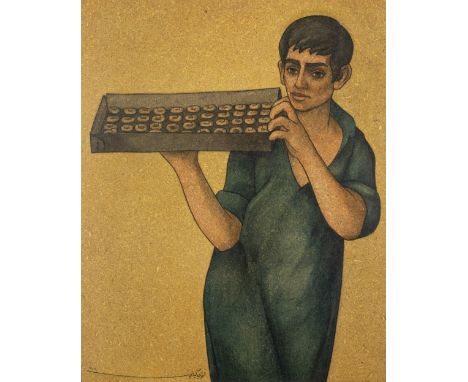 Louay Kayyali (Syria, 1934-1978)The Cake (Kaak) Seller oil on masonite, framedsigned 'Louay Kayyali' and dated 1974 in Arabic