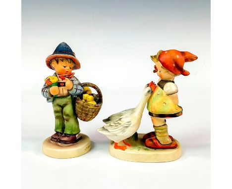 Lot of Goose Girl 47/0 and Easter Greetings 378. Matte porcelain, hand painted. 'M. I. Hummel' inscribed on base. Goebel back