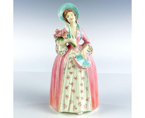 Ceramic figurine modeled as woman in pink dress and light blue bonnet holding bouquet. Gold gilt details.Unmarked. This item 