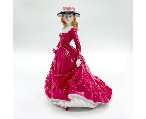 Fine bone china that is part of the Les Petites Collection. Depicts lady in a fiery rose pink gown with black floral hat, hol