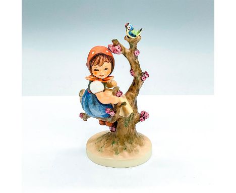 Depicts girl sitting on a branch of a blossoming apple tree, a small bird perched on top of it. Underside has Goebel W.German