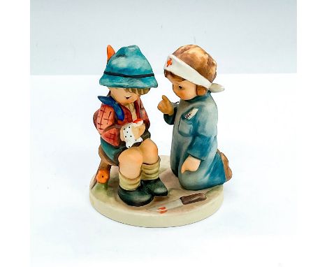 Figurine of a young doctor making a house call to an injured friend. Matte finish collectable on round base. "Little Nurse: H