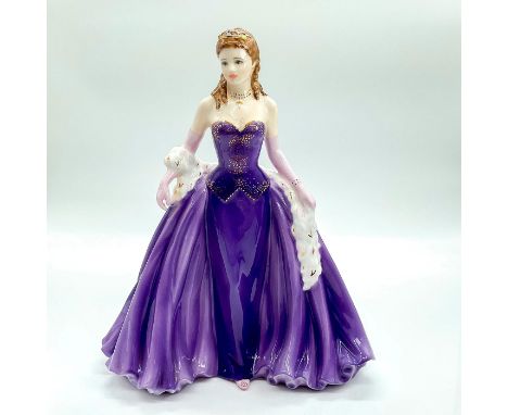 Limited edition bone china that was produced in the golden jubilee year. Depicts lady purple gown with matching gloves and sl