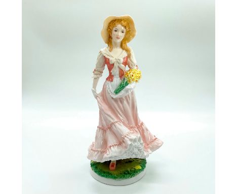 Limited edition bone china figure that is the fourth figure in The Four Seasons Collection. Depicts gal in a soft pink and cr