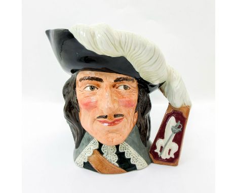 Extension of the feathers with a fleur-de-lis and sword at base handle. Black hat trimmed with whiter feathers; white lace co