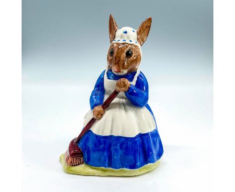 Royal Doulton Bunnykins, Mrs. Bunnykins Clean Sweep DB6 (blue and white coloration). Royal Doulton backstamp. Artist: W. Hayw