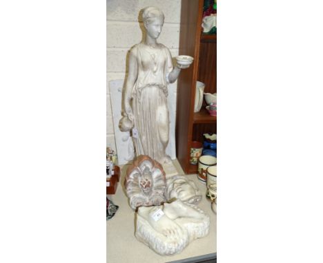 A painted plaster figure of 'Hebe', 76cm high, damage to arm, a moulded plaster cherub head and other architectural ornaments