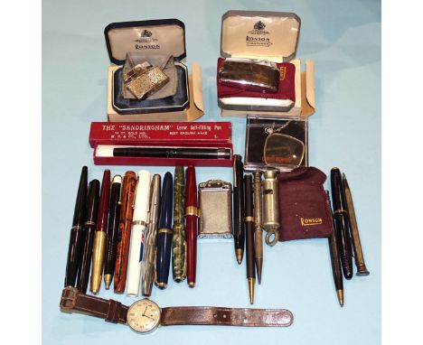 A Burnham B48 fountain pen, a Parker Duofold fountain pen, a Parker '17' fountain pen, a Parker Vacumatic fountain pen, other