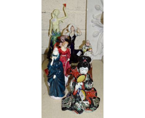 A Royal Doulton figure 'Patricia' Hn3365, another 'Masque' HN2664 (seconds) and other ceramic figures. 