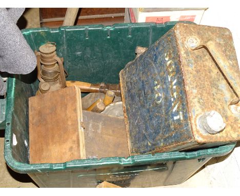 A blue Esso oil can, 33cm high overall, various blow torches, a boat hook and a small quantity of tools, etc. 