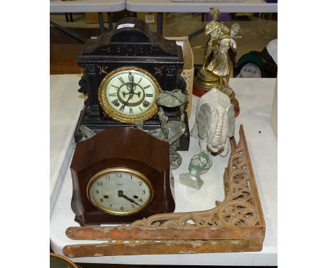 A painted metal architectural mantel clock, a pair of cast-iron shelf brackets, a copper Champagne bucket on stand, mirrors, 