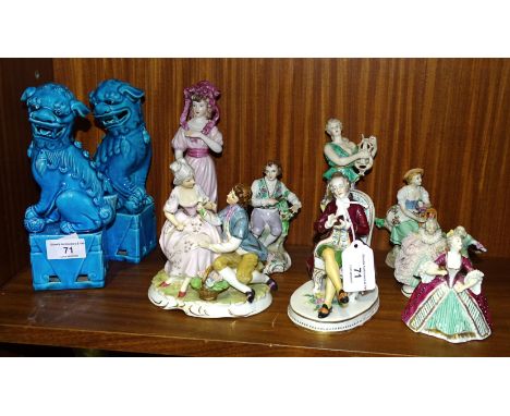 A collection of eight Continental ceramic figures and a pair of blue-glazed temple dogs. 