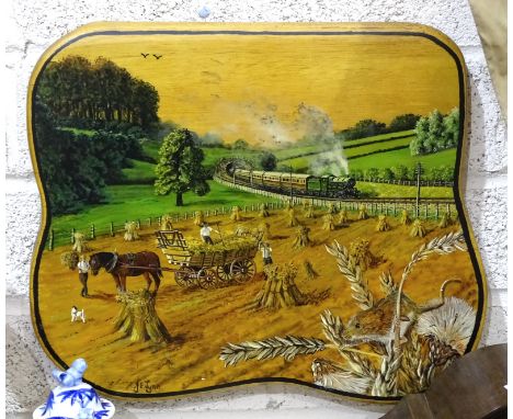 J E Lynn, a hand-painted wood panel depicting a steam train, with figures harvesting in the foreground, 34 x 41cm and a large