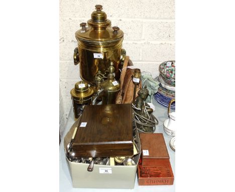 A brass samovar, 47cm high, a brass lamp (a/f), a gilt 'sunburst' convex mirror, 51 x 38cm, mirror plate 12cm diameter, (a/f)