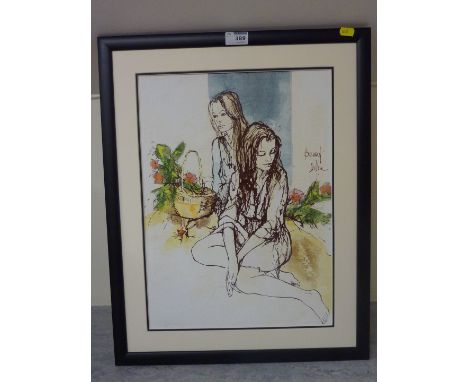 Study of Two Girls, Bernard Dufour (French 1922-) oleograph on canvas 45cm x 33cm 