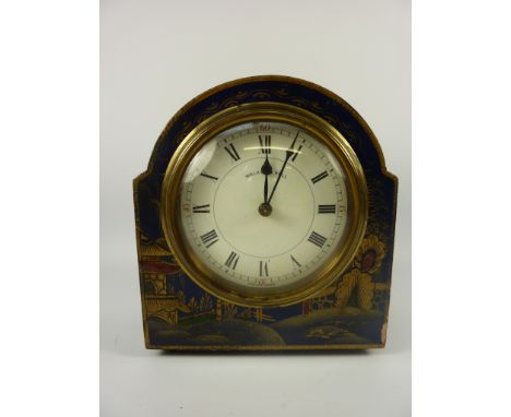 Walker & Hall mantel clock in blue lacquer chinoiserie case H14.5cm 