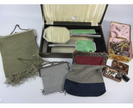 Vintage evening bags, Art Deco period dressing table set, Georgian snuff box, tortoiseshell box, costume jewellery etc