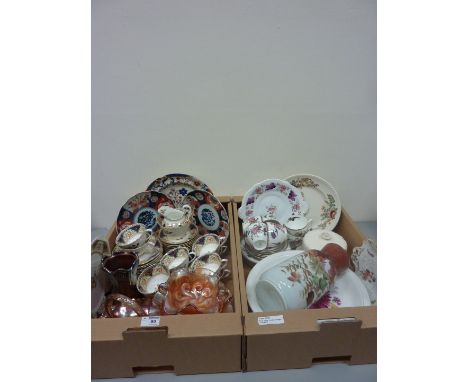 Pair Imari plates, tea service, carnival glass and other decorative items in two boxes