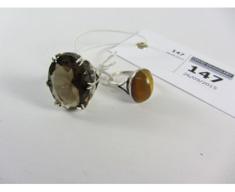 Silver ring set with smoky quartz London 1978 and a tiger's eye ring
