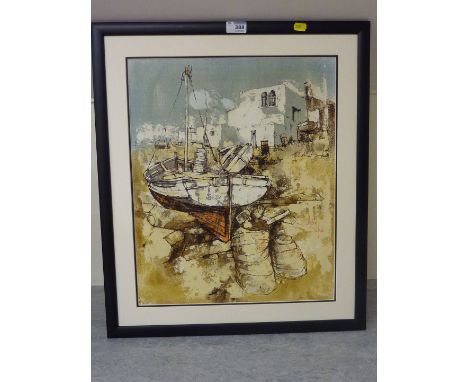 Continental Boat Yard, Bernard Dufour (French 1922-) oleograph on canvas 49cm x 40cm 