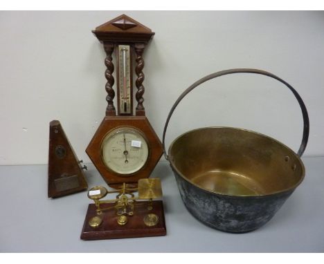 Short & Mason barometer H49cm, System Maelzei metronome, set of brass postal scales and a brass jam pan (4) 