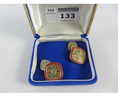 Pair of silver-gilt and enamel OBE cufflinks hallmarked