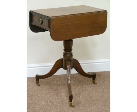 Regency mahogany drop leaf table on tripod pedestal base fitted with two drawers, 54cm x 33cm - 65cm (open), H70cm