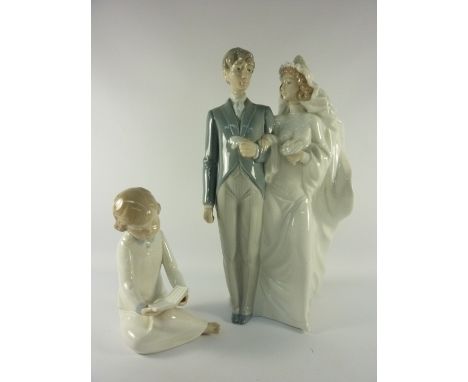 Nao figure group of a bride and groom H31cm and a Nao figure of a young boy reading (2) 