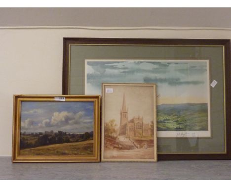 Landscape, mid 19th century oil on board unsigned 19cm x 26cm; 'Wakefield Cathedral' watercolour L Fennell and a limited edit