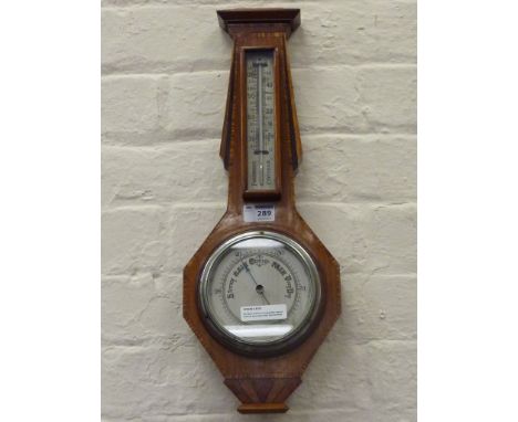 Art Deco period crossbanded walnut aneroid barometer with thermometer H51cm